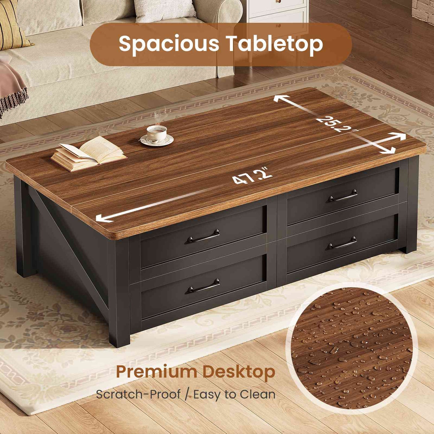 Itaar | 47.2 Inch Lift Top Coffee Table with Storage Farmhouse Coffee Tables for Living Room with 4 Wood Drawers