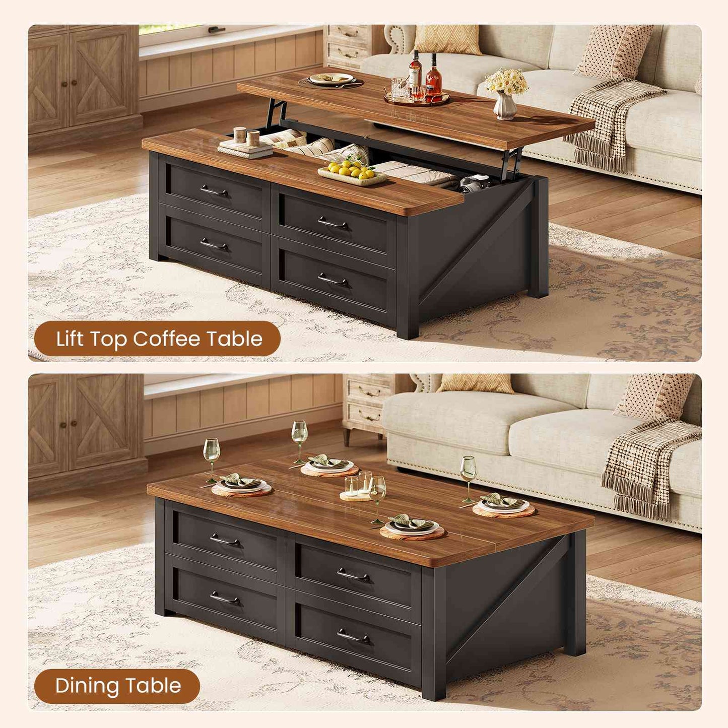 Itaar | 47.2 Inch Lift Top Coffee Table with Storage Farmhouse Coffee Tables for Living Room with 4 Wood Drawers