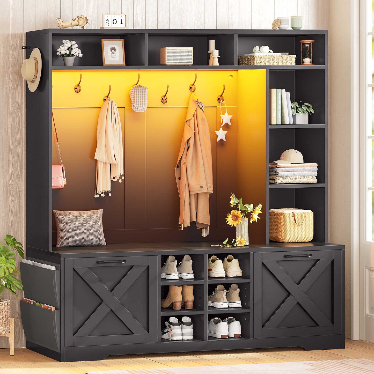 Itaar | Hall Tree with Bench and Shoe Storage 59.1 Inch Farmhouse Entryway Bench 12 Shelves 9 Coat Hooks Storage Bag Led Lights