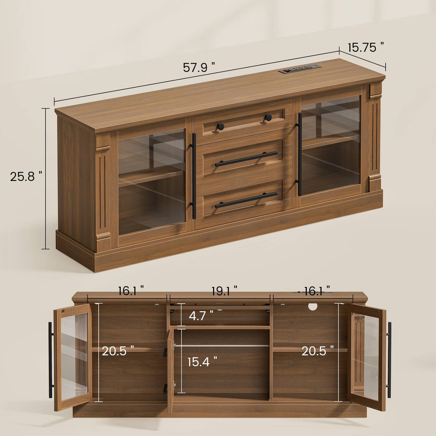 Itaar | Farmhouse TV Stands for 65 Inch TV 3 Storage Cabinets 1 Drawer Living Room Bedroom Wood Media Console