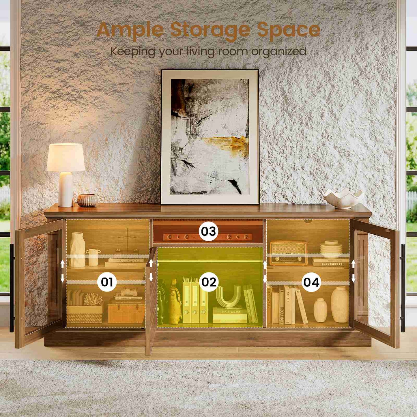 Itaar | Farmhouse TV Stands for 65 Inch TV 3 Storage Cabinets 1 Drawer Living Room Bedroom Wood Media Console