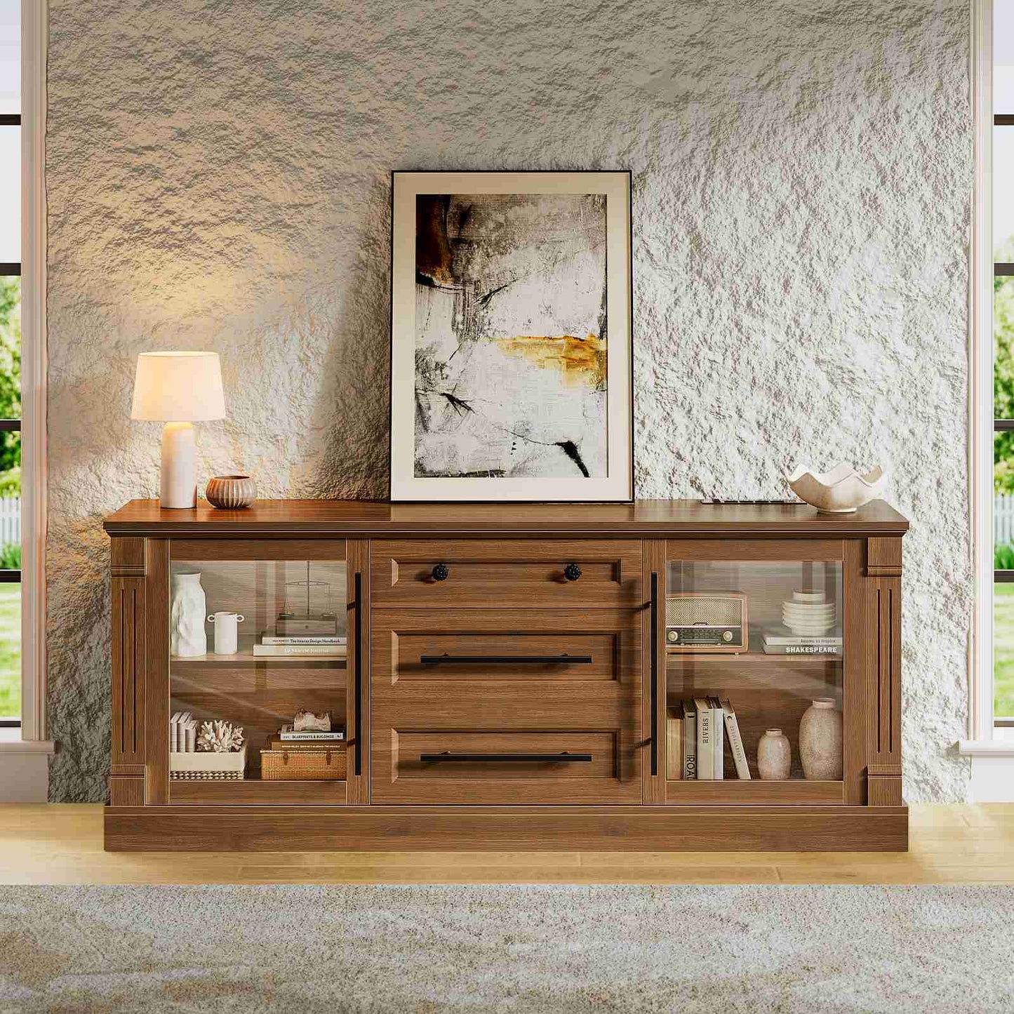 Itaar | Farmhouse TV Stands for 65 Inch TV 3 Storage Cabinets 1 Drawer Living Room Bedroom Wood Media Console