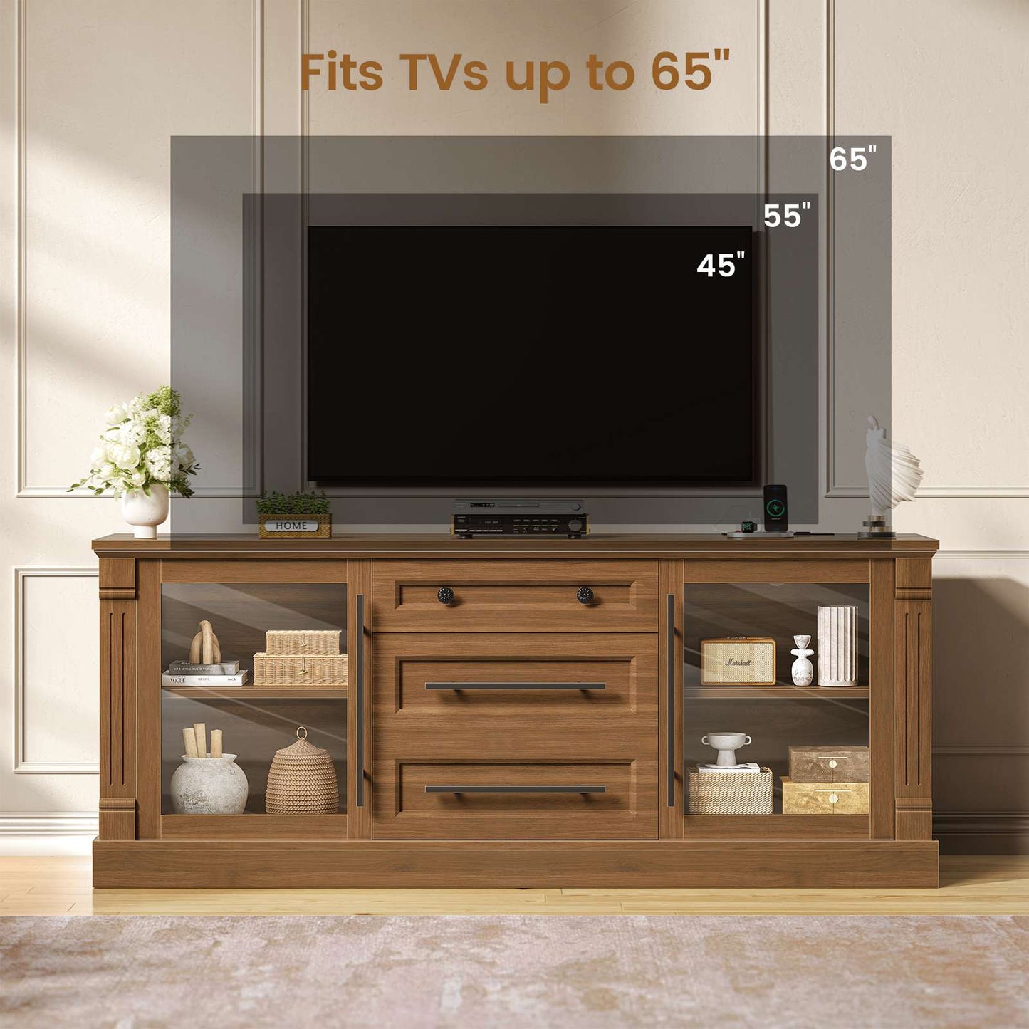 Itaar | Farmhouse TV Stands for 65 Inch TV 3 Storage Cabinets 1 Drawer Living Room Bedroom Wood Media Console