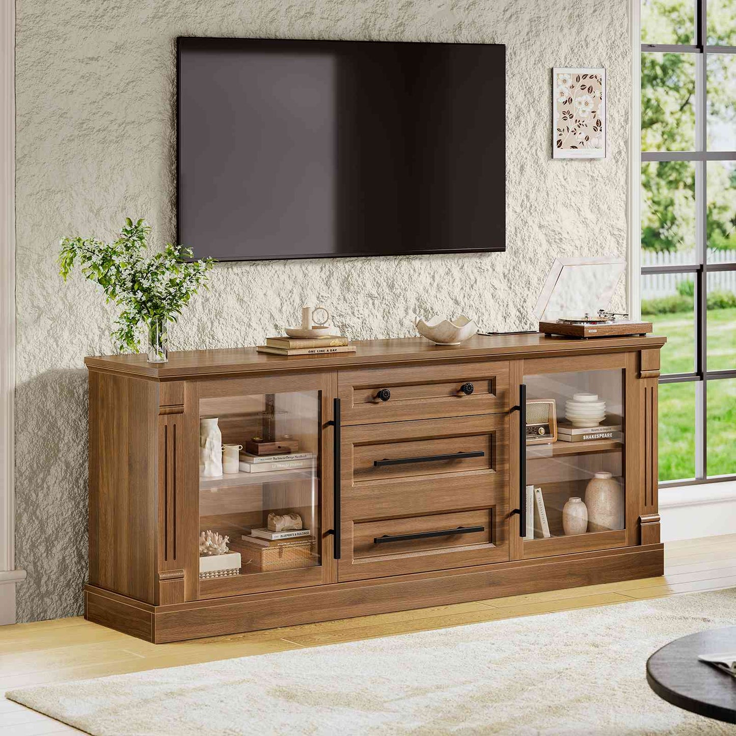 Itaar | Farmhouse TV Stands for 65 Inch TV 3 Storage Cabinets 1 Drawer Living Room Bedroom Wood Media Console