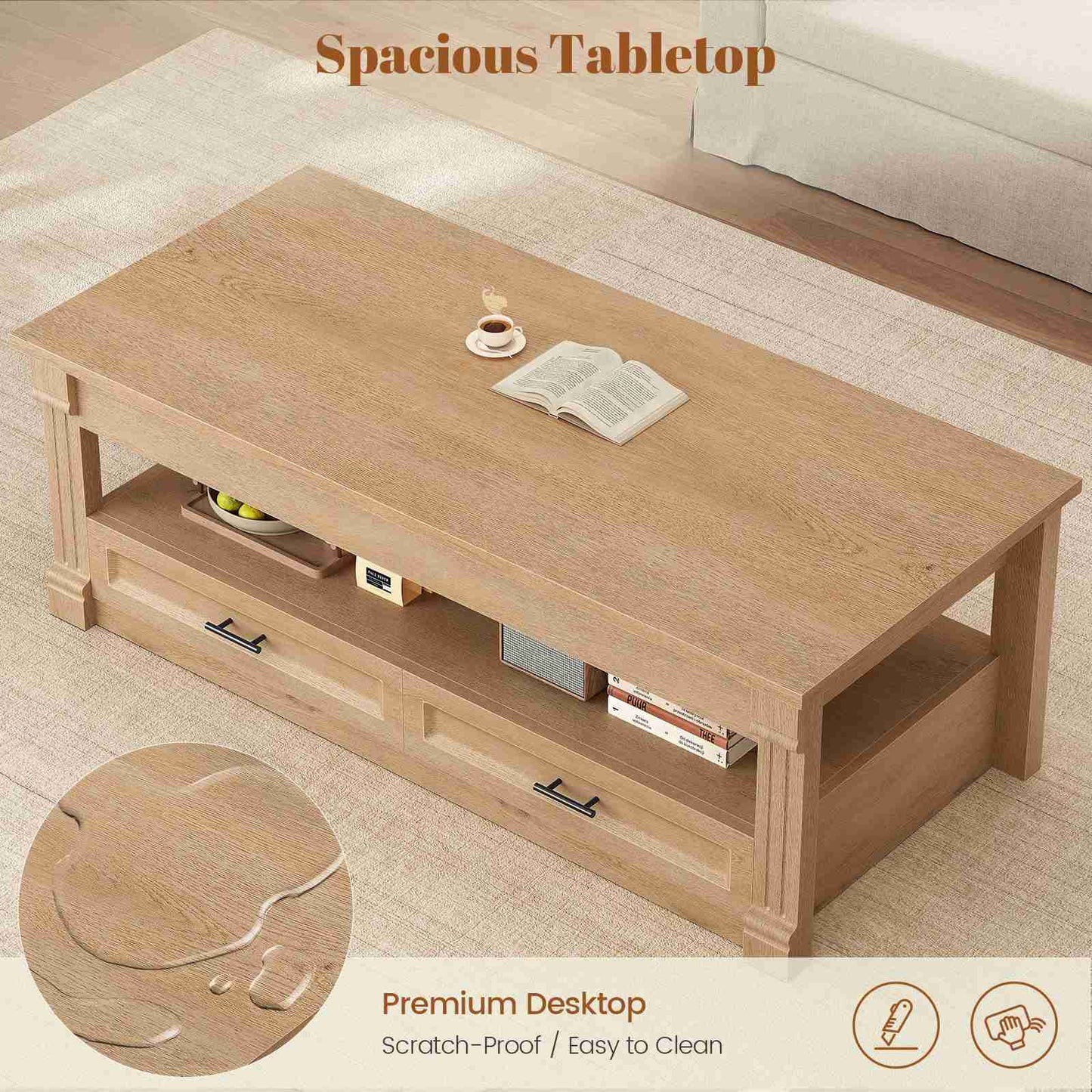 Itaar | Lift Top Coffee Table with Storage 47.2 Inch Farmhouse Coffee Table with 2 Drawers  Hidden Compartment