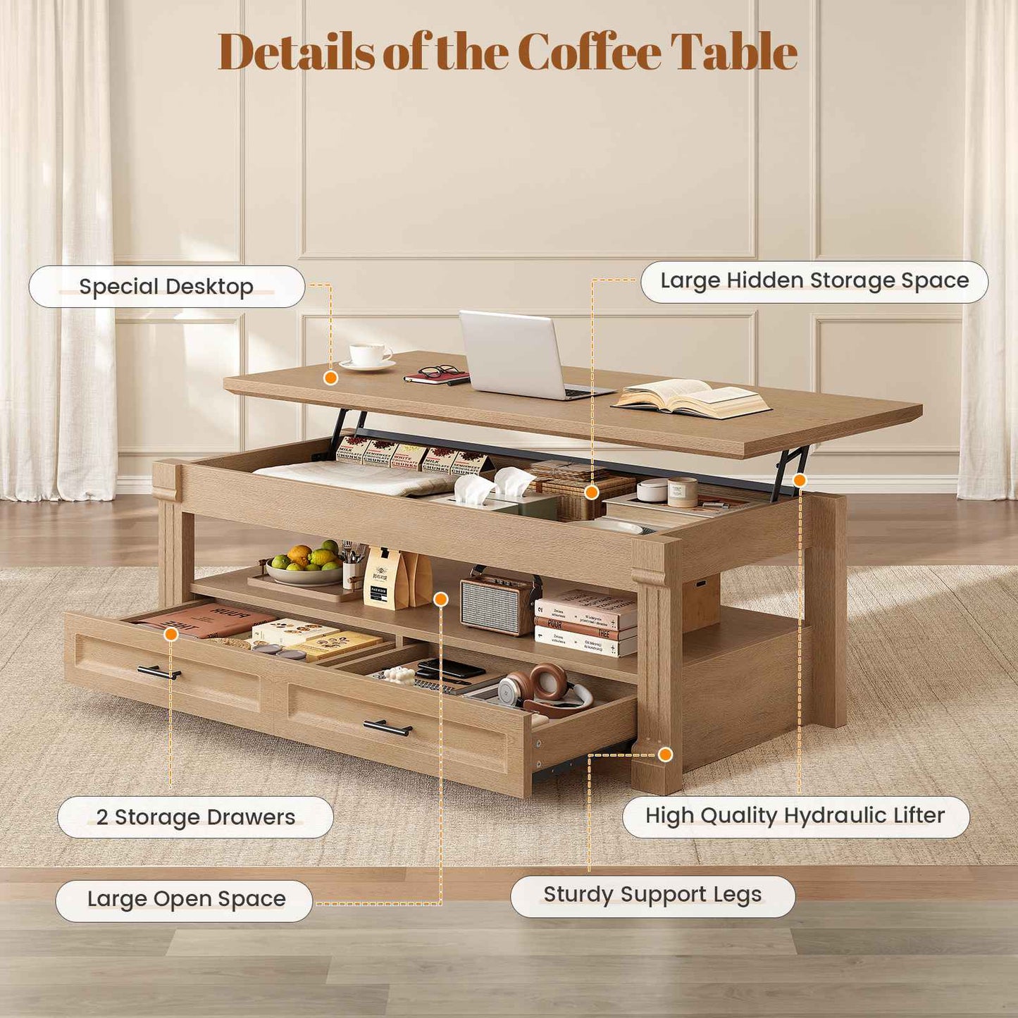 Itaar | Lift Top Coffee Table with Storage 47.2 Inch Farmhouse Coffee Table with 2 Drawers  Hidden Compartment