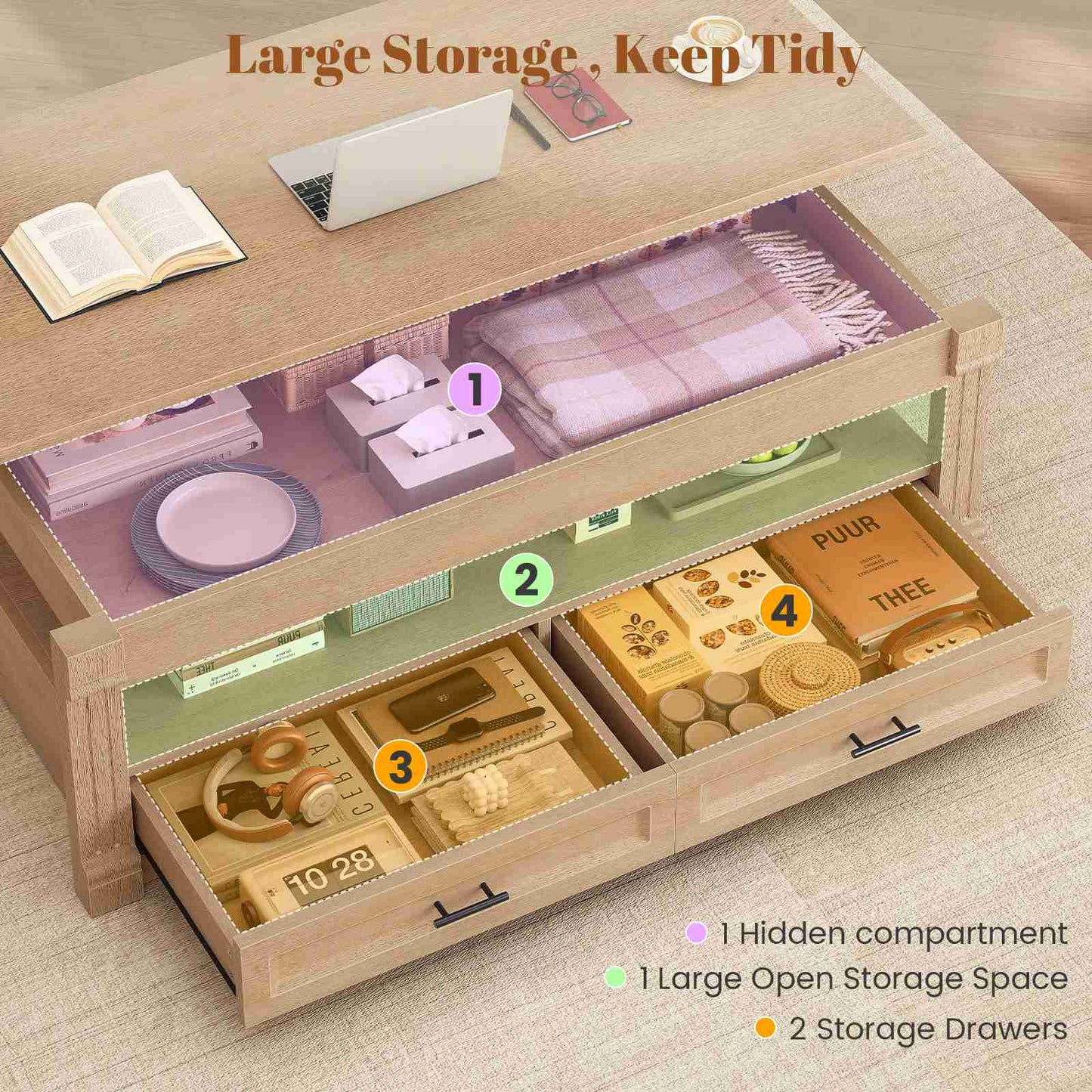 Itaar | Lift Top Coffee Table with Storage 47.2 Inch Farmhouse Coffee Table with 2 Drawers  Hidden Compartment