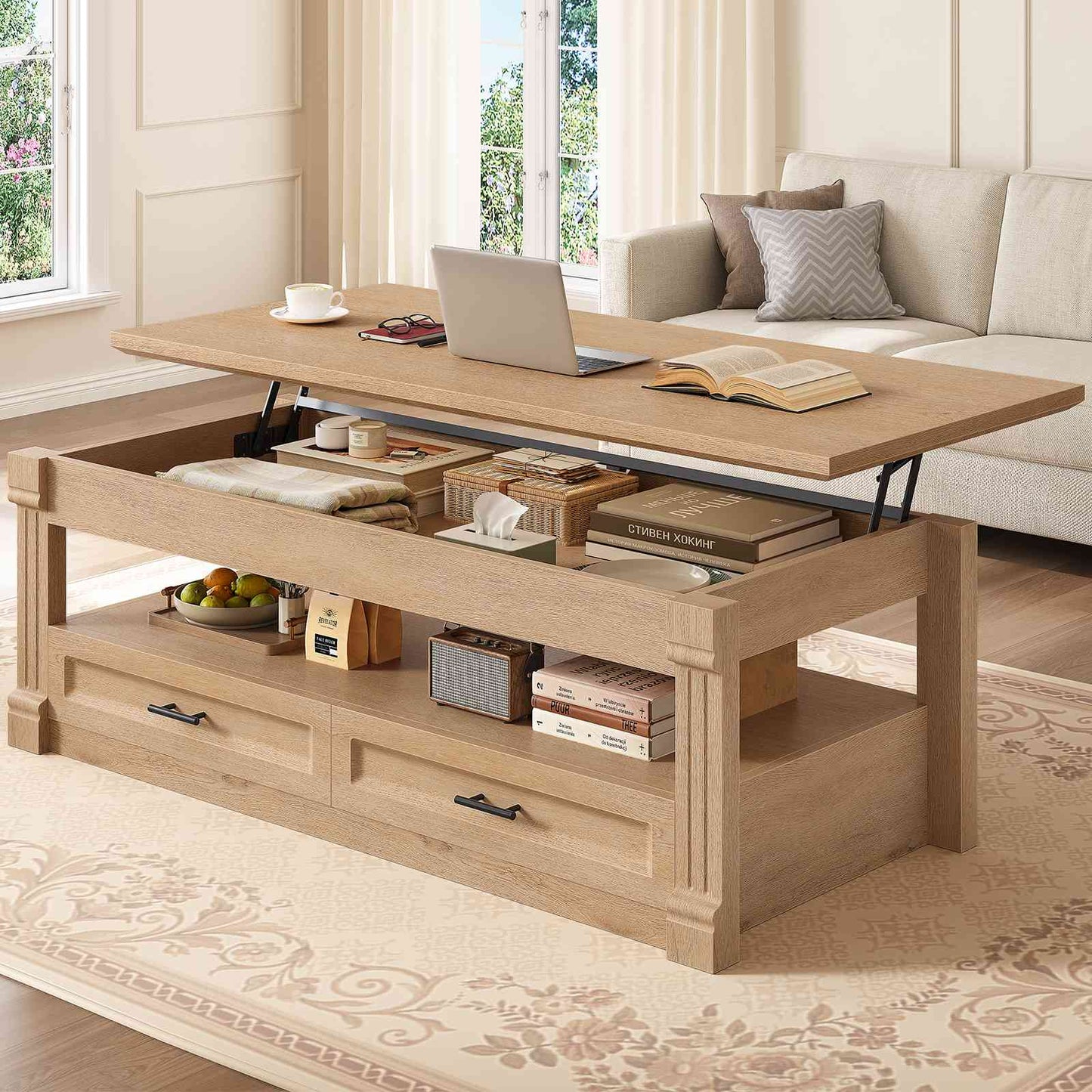 Itaar | Lift Top Coffee Table with Storage 47.2 Inch Farmhouse Coffee Table with 2 Drawers  Hidden Compartment