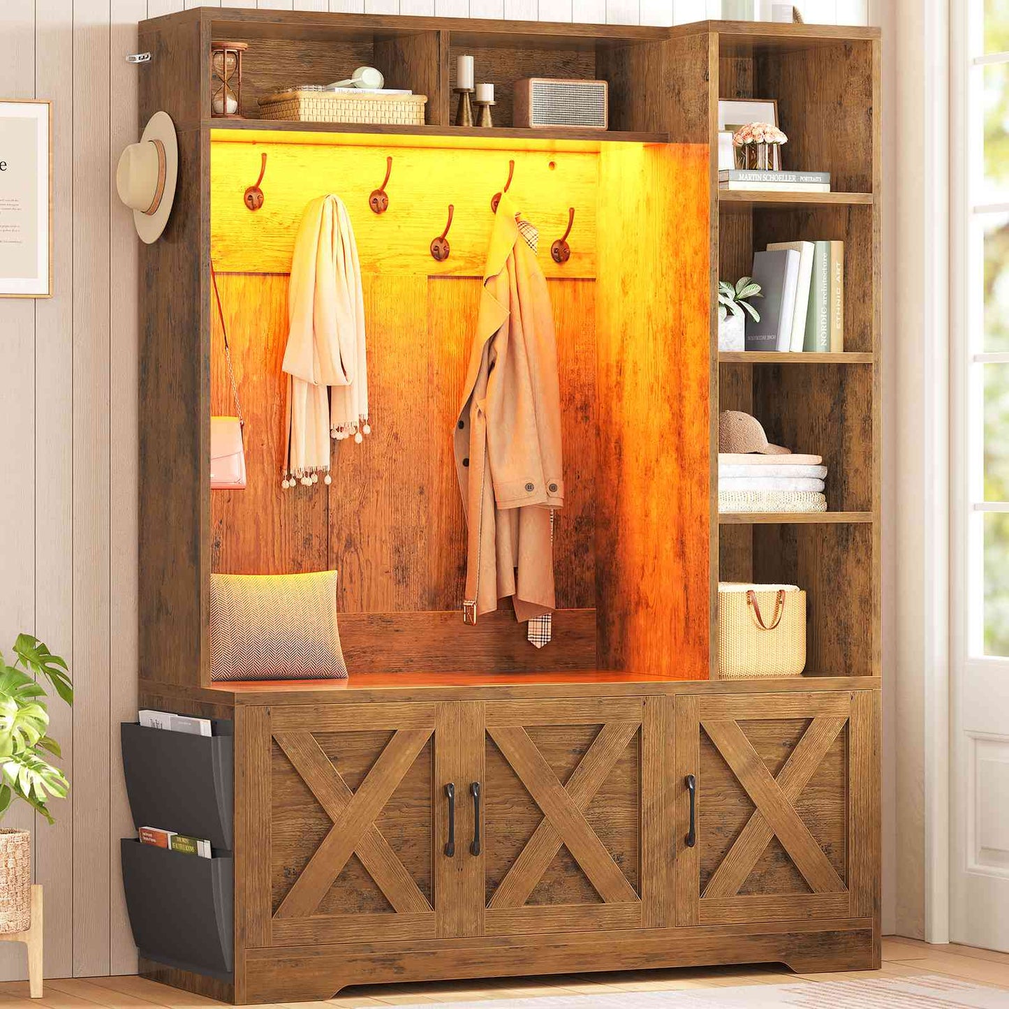 Itaar | Hall Tree with Bench and Shoe Storage Farmhouse Entryway Bench with Coat Rack 6 Storage Cubbies 10 Coat Hooks Led Lights