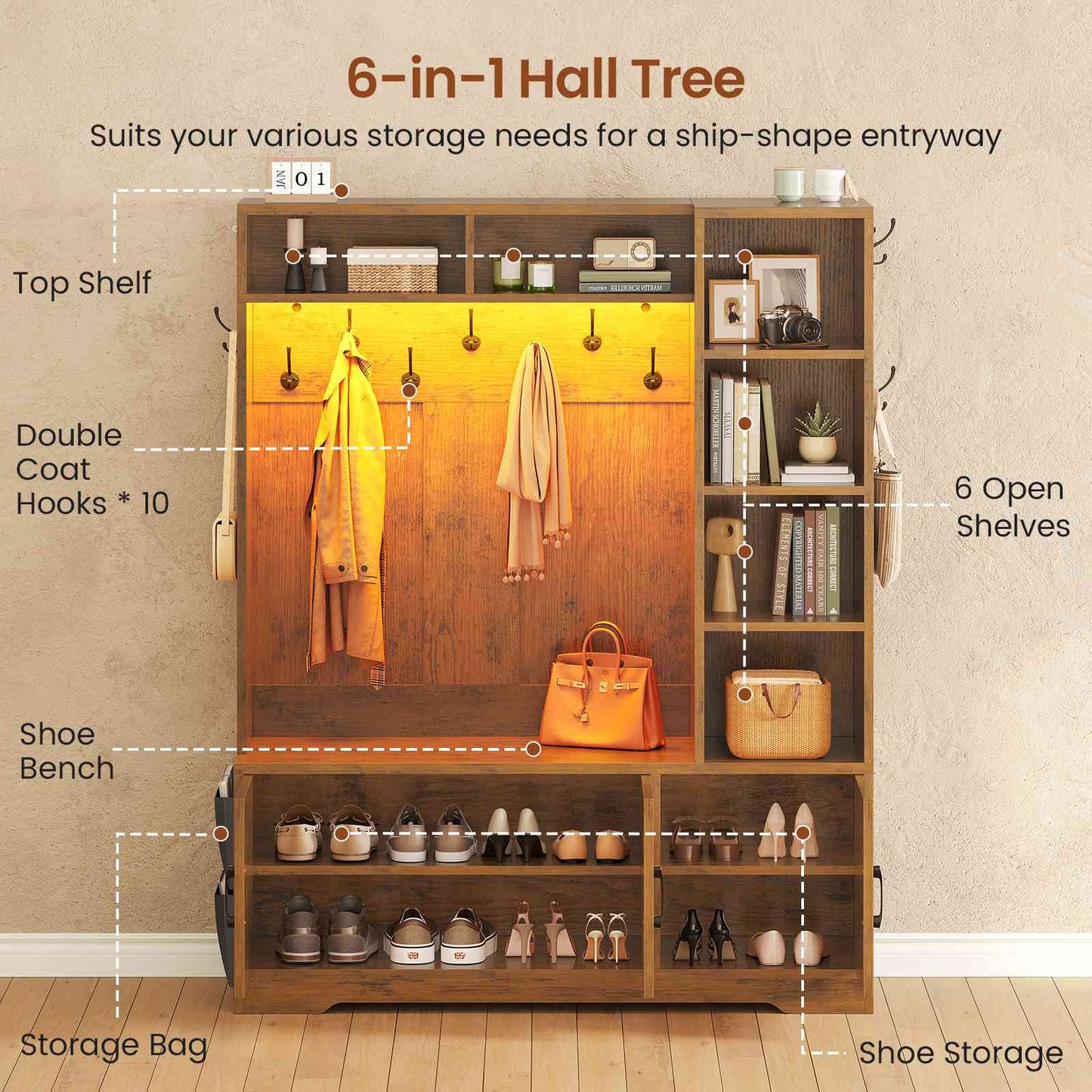 Itaar | Hall Tree with Bench and Shoe Storage Farmhouse Entryway Bench with Coat Rack 6 Storage Cubbies 10 Coat Hooks Led Lights