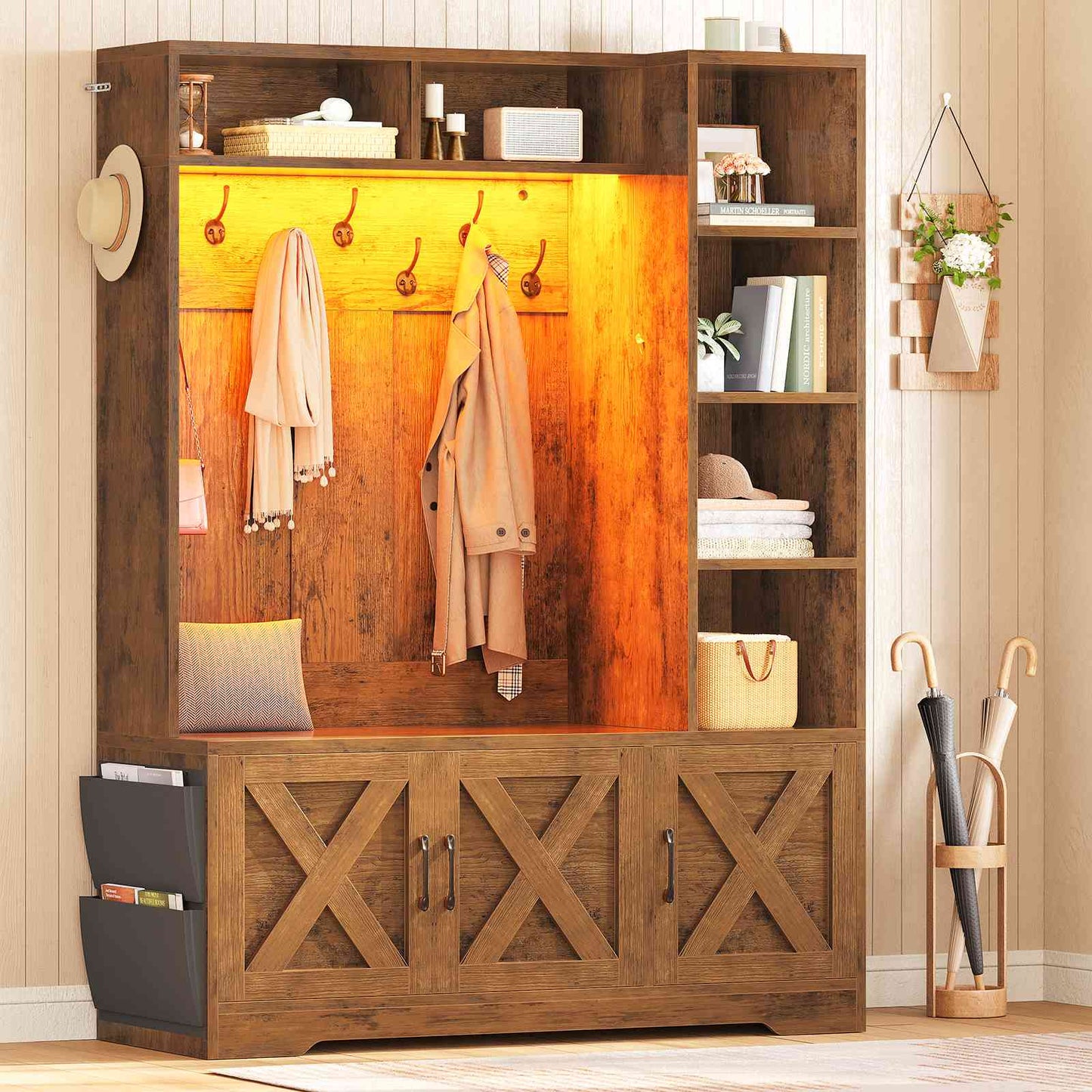 Itaar | Hall Tree with Bench and Shoe Storage Farmhouse Entryway Bench with Coat Rack 6 Storage Cubbies 10 Coat Hooks Led Lights