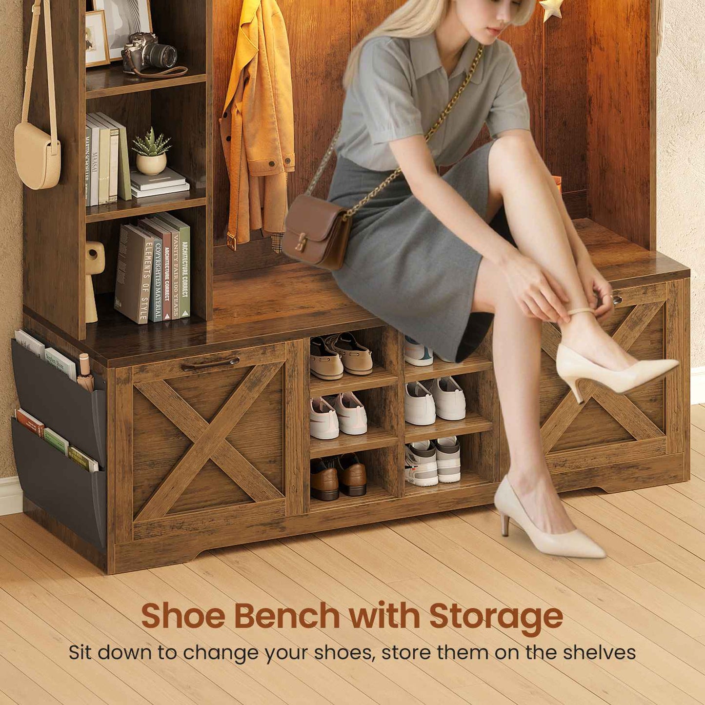 Itaar | Hall Tree with Bench and Shoe Storage 59.1 Inch Farmhouse Entryway Bench 12 Shelves 9 Coat Hooks Storage Bag Led Lights