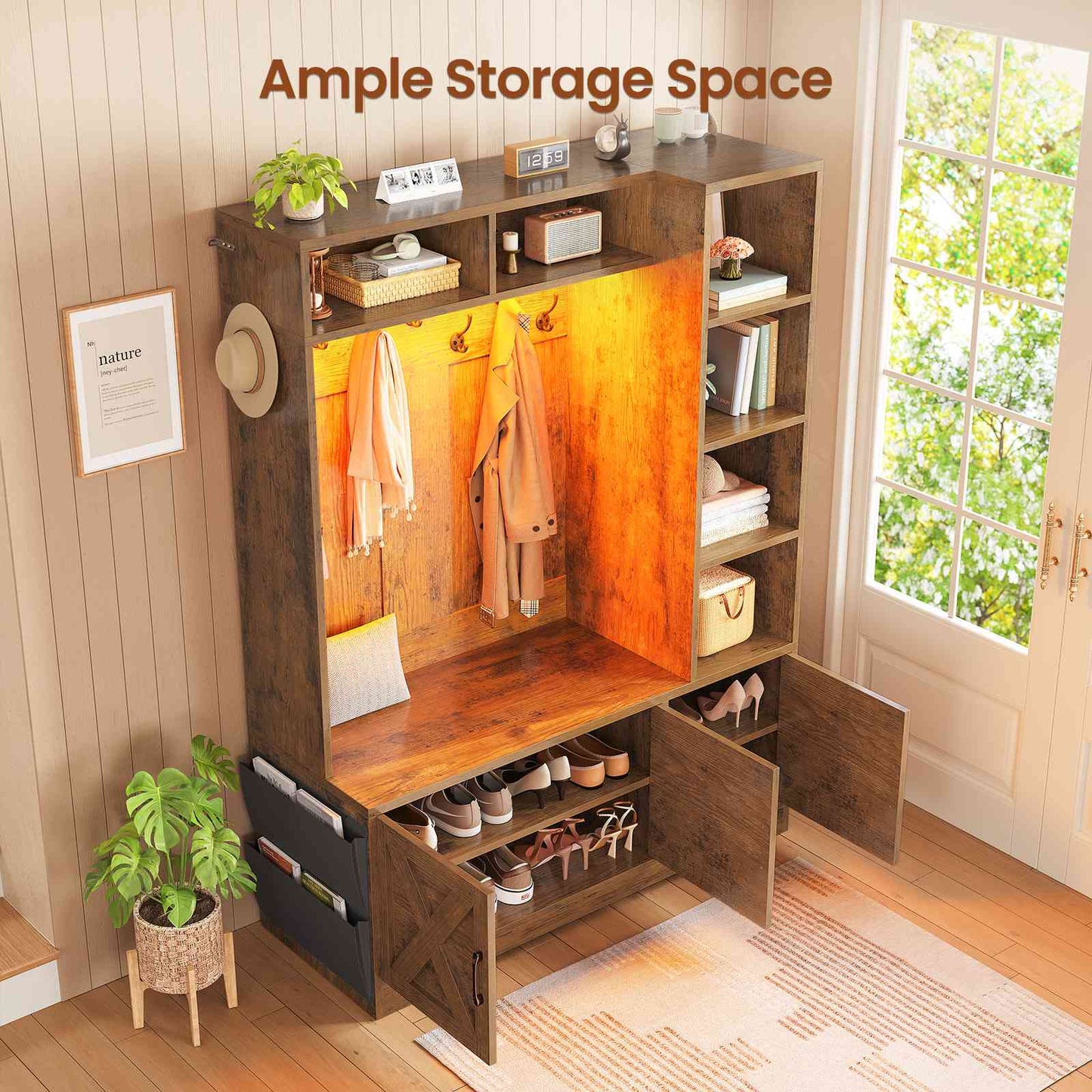Itaar | Hall Tree with Bench and Shoe Storage Farmhouse Entryway Bench with Coat Rack 6 Storage Cubbies 10 Coat Hooks Led Lights