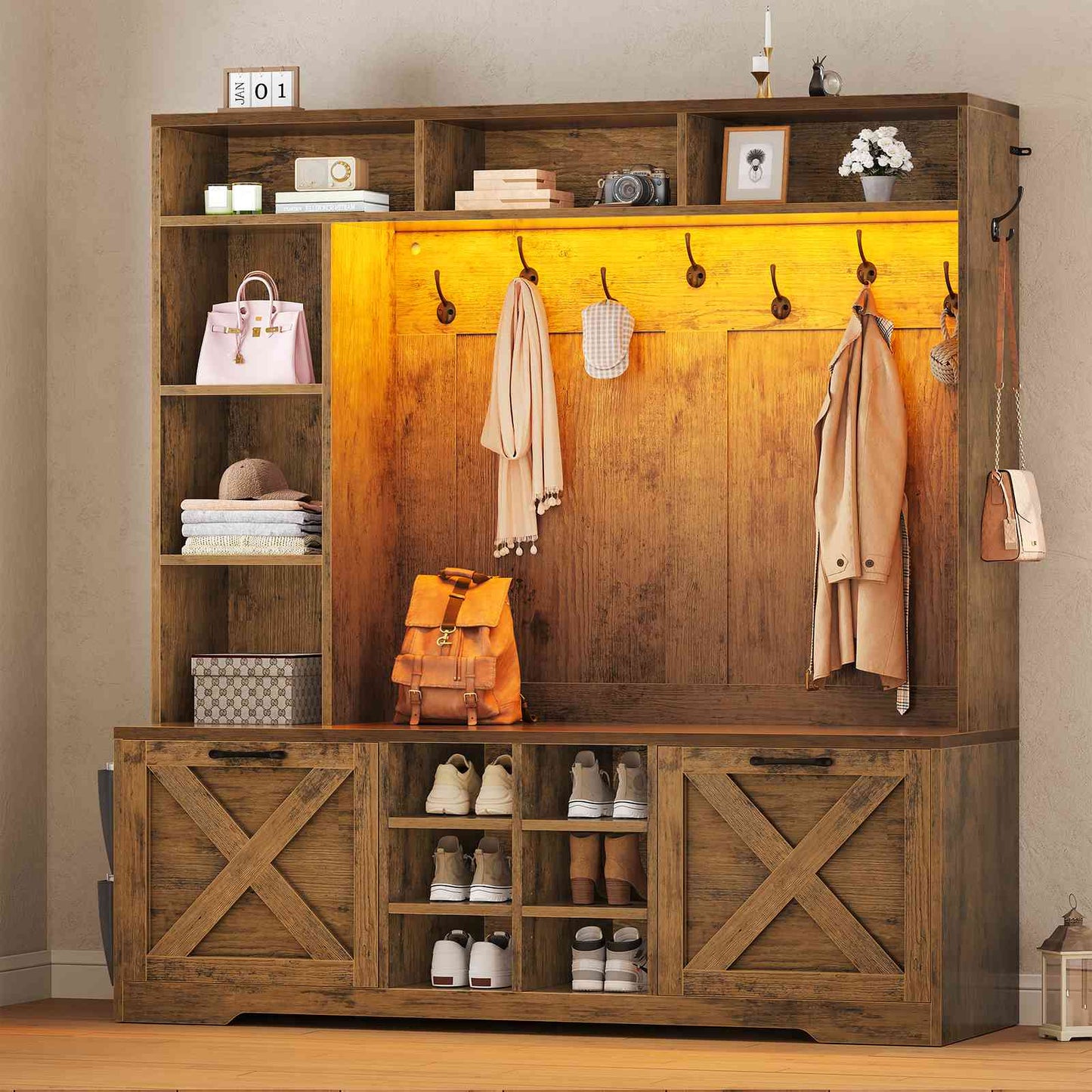 Itaar | Hall Tree with Bench and Shoe Storage 59.1 Inch Farmhouse Entryway Bench 12 Shelves 9 Coat Hooks Storage Bag Led Lights