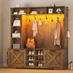 Itaar | Hall Tree with Bench and Shoe Storage 59.1 Inch Farmhouse Entryway Bench 12 Shelves 9 Coat Hooks Storage Bag Led Lights