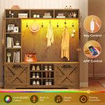 Itaar | Hall Tree with Bench and Shoe Storage 59.1 Inch Farmhouse Entryway Bench 12 Shelves 9 Coat Hooks Storage Bag Led Lights