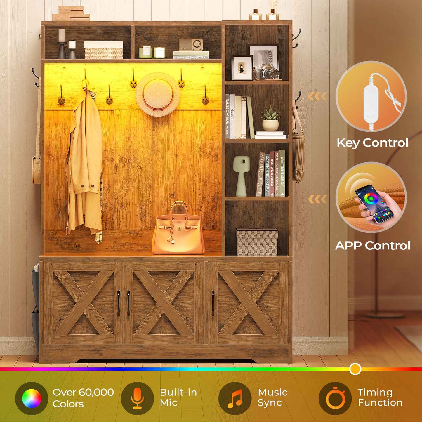 Itaar | Hall Tree with Bench and Shoe Storage Farmhouse Entryway Bench with Coat Rack 6 Storage Cubbies 10 Coat Hooks Led Lights