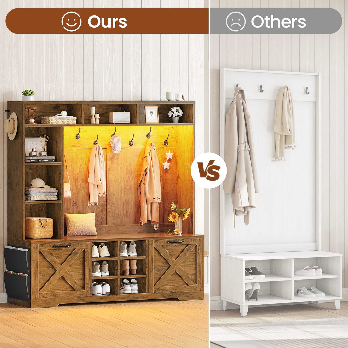 Itaar | Hall Tree with Bench and Shoe Storage 59.1 Inch Farmhouse Entryway Bench 12 Shelves 9 Coat Hooks Storage Bag Led Lights