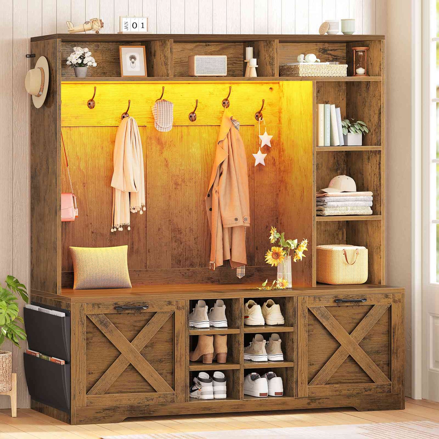 Itaar | Hall Tree with Bench and Shoe Storage 59.1 Inch Farmhouse Entryway Bench 12 Shelves 9 Coat Hooks Storage Bag Led Lights