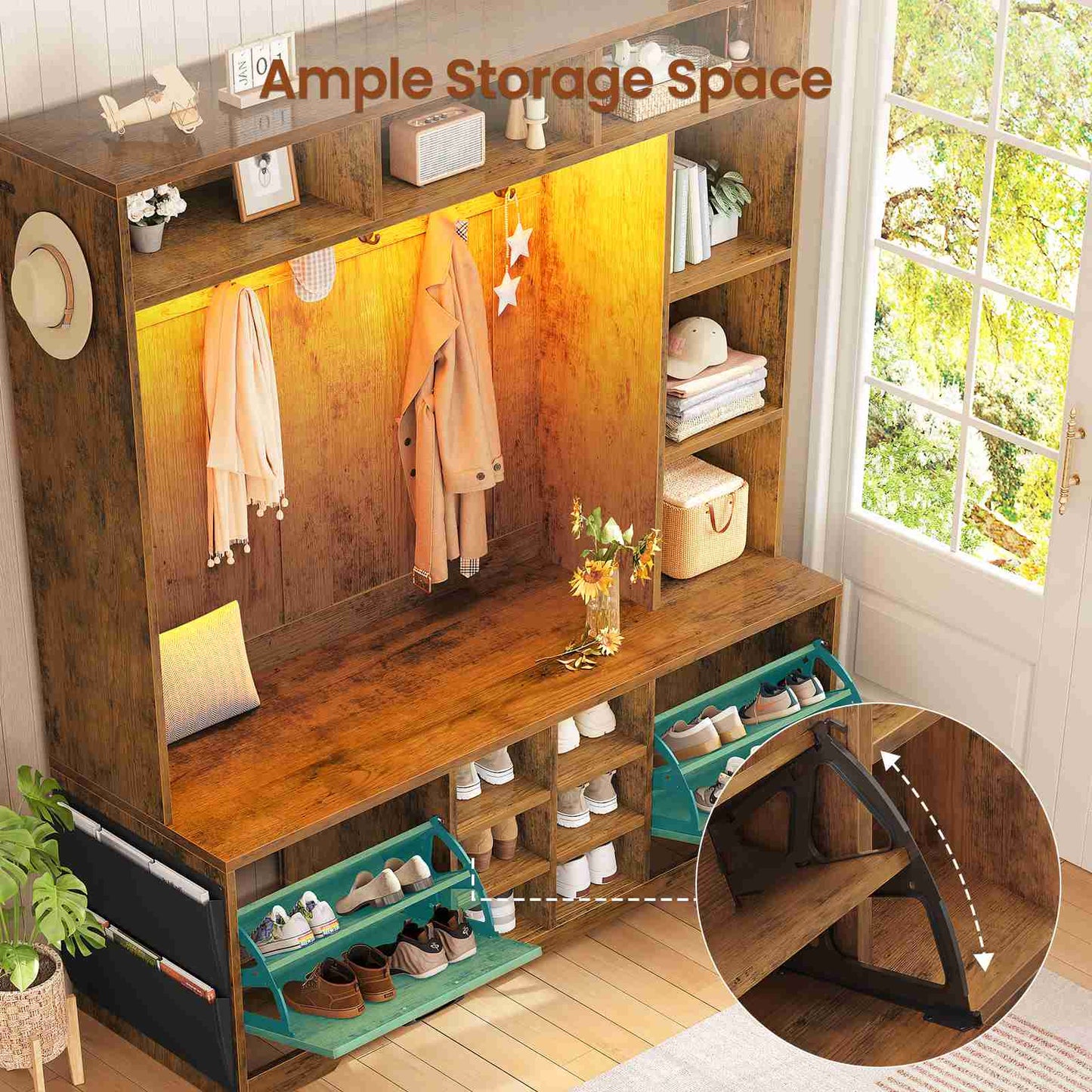 Itaar | Hall Tree with Bench and Shoe Storage 59.1 Inch Farmhouse Entryway Bench 12 Shelves 9 Coat Hooks Storage Bag Led Lights
