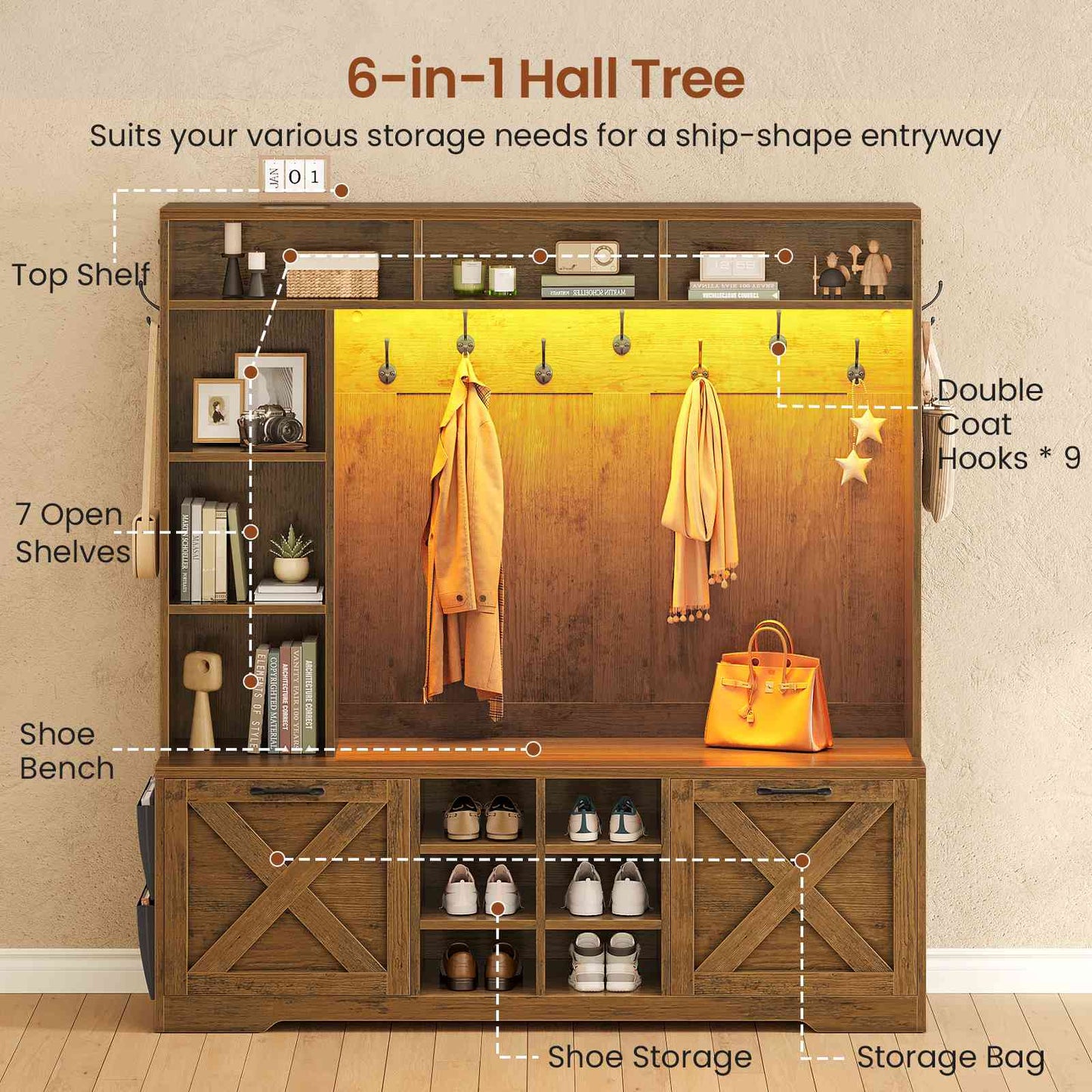 Itaar | Hall Tree with Bench and Shoe Storage 59.1 Inch Farmhouse Entryway Bench 12 Shelves 9 Coat Hooks Storage Bag Led Lights