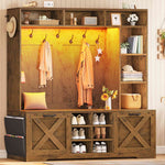 Itaar | Hall Tree with Bench and Shoe Storage 59.1 Inch Farmhouse Entryway Bench 12 Shelves 9 Coat Hooks Storage Bag Led Lights