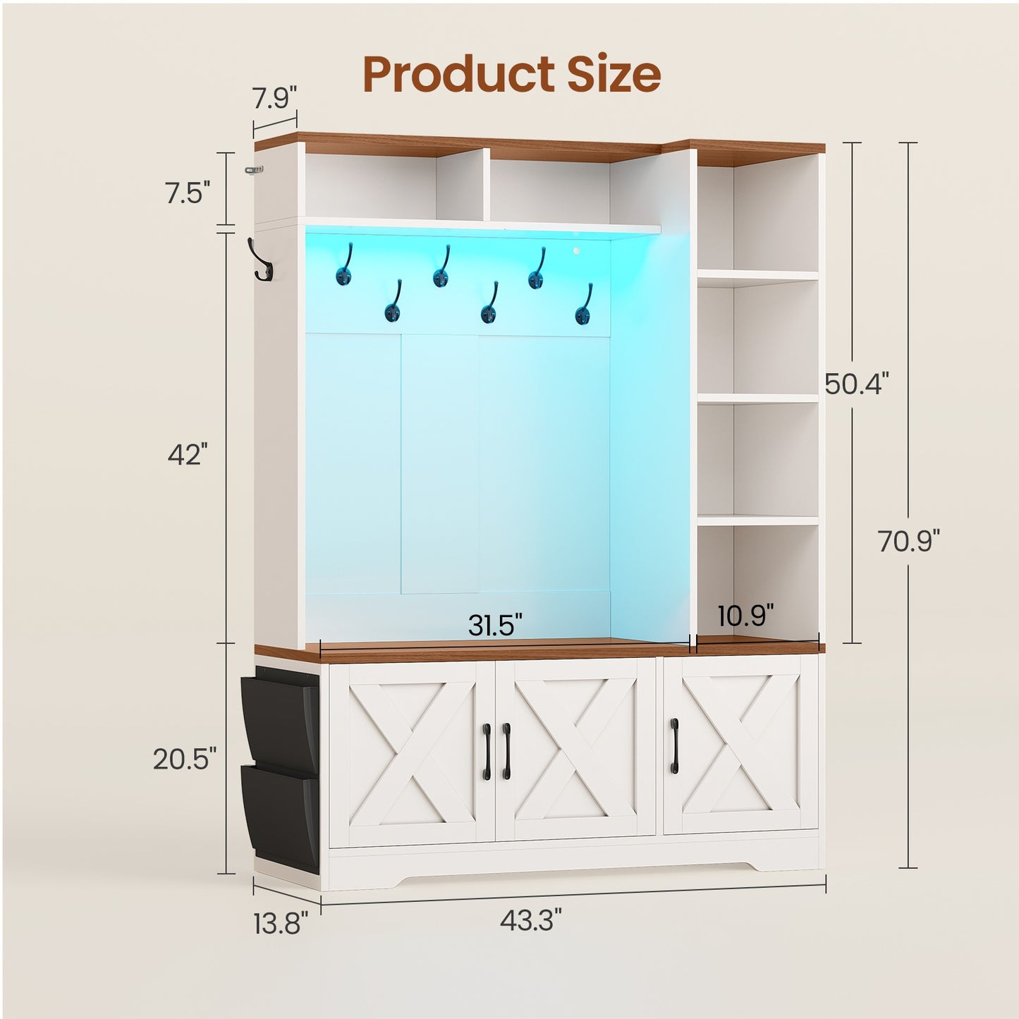 Itaar | Hall Tree with Bench and Shoe Storage Farmhouse Entryway Bench with Coat Rack 6 Storage Cubbies 10 Coat Hooks Led Lights