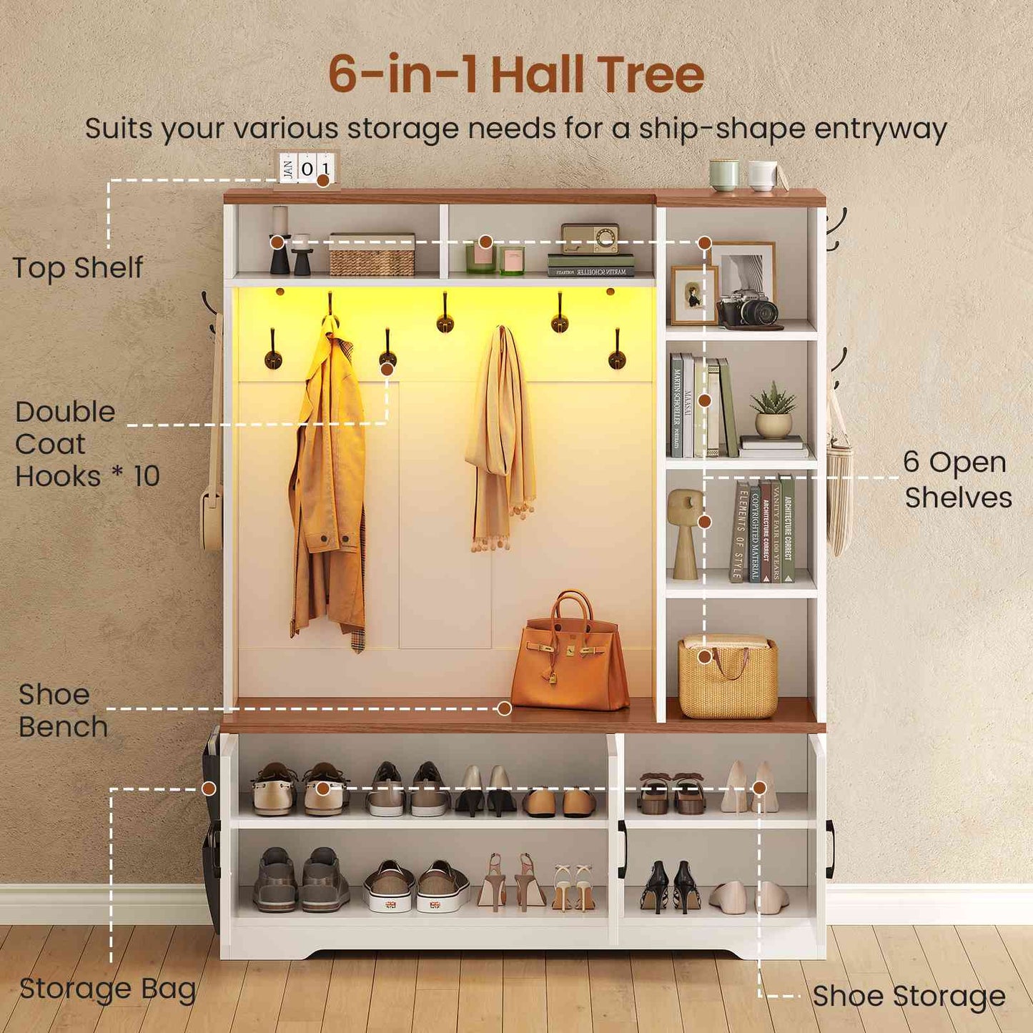 Itaar | Hall Tree with Bench and Shoe Storage Farmhouse Entryway Bench with Coat Rack 6 Storage Cubbies 10 Coat Hooks Led Lights