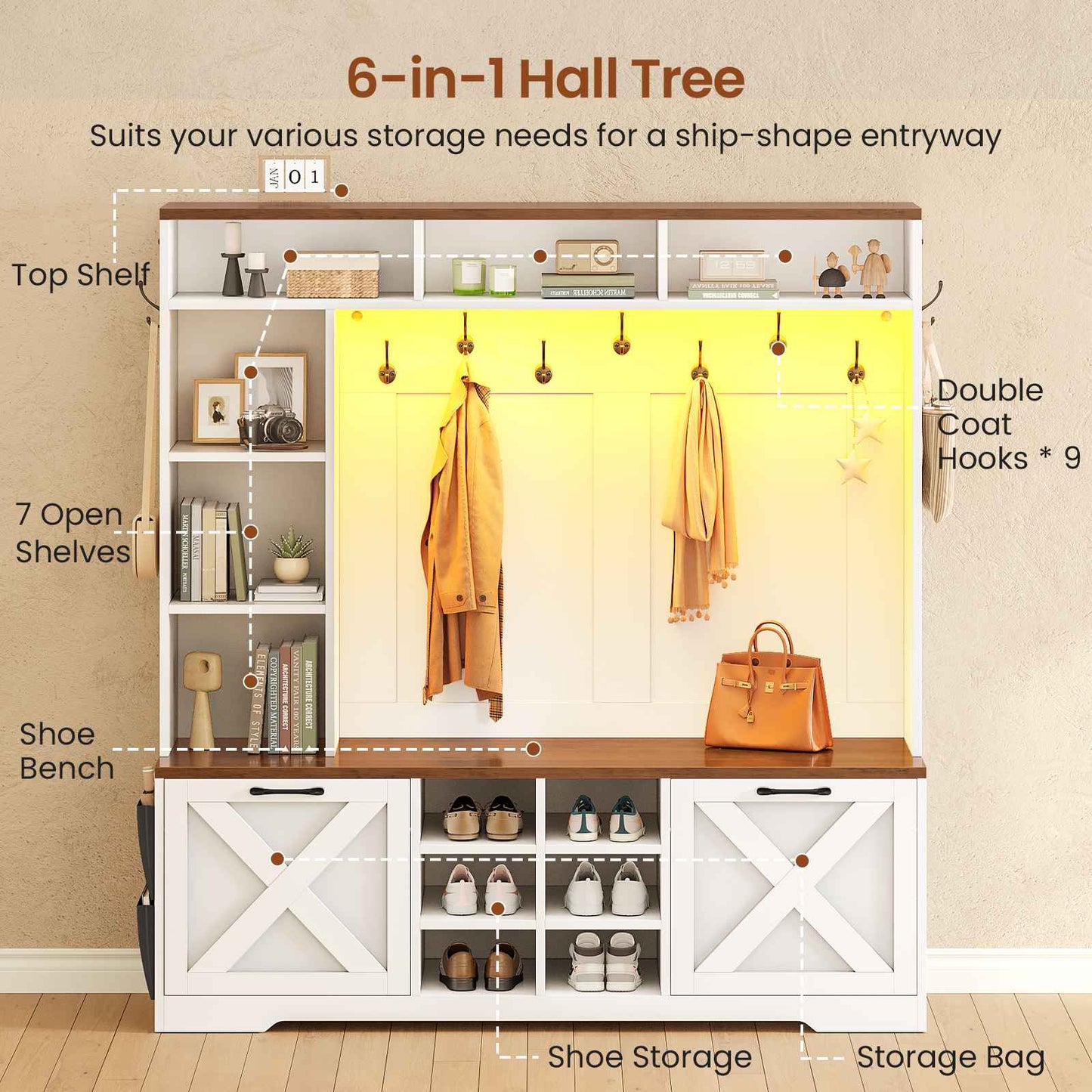 Itaar | Hall Tree with Bench and Shoe Storage 59.1 Inch Farmhouse Entryway Bench 12 Shelves 9 Coat Hooks Storage Bag Led Lights