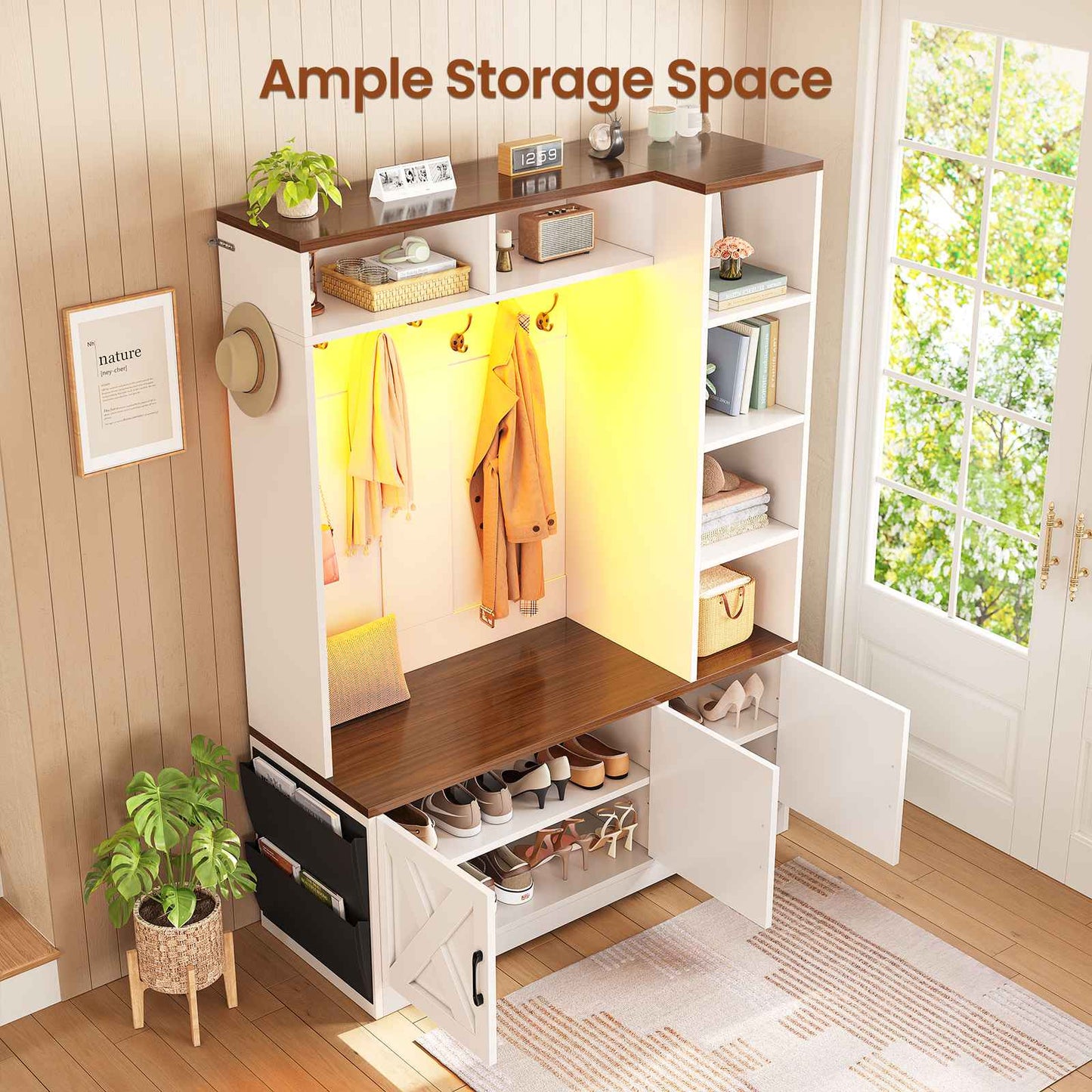 Itaar | Hall Tree with Bench and Shoe Storage Farmhouse Entryway Bench with Coat Rack 6 Storage Cubbies 10 Coat Hooks Led Lights