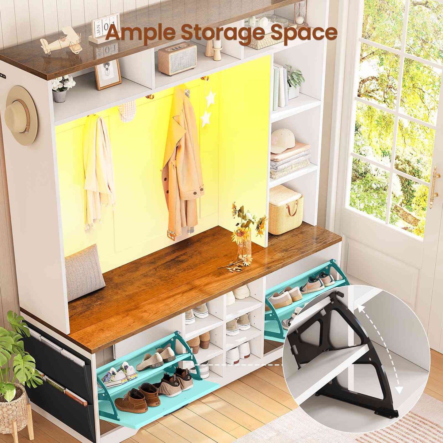 Itaar | Hall Tree with Bench and Shoe Storage 59.1 Inch Farmhouse Entryway Bench 12 Shelves 9 Coat Hooks Storage Bag Led Lights