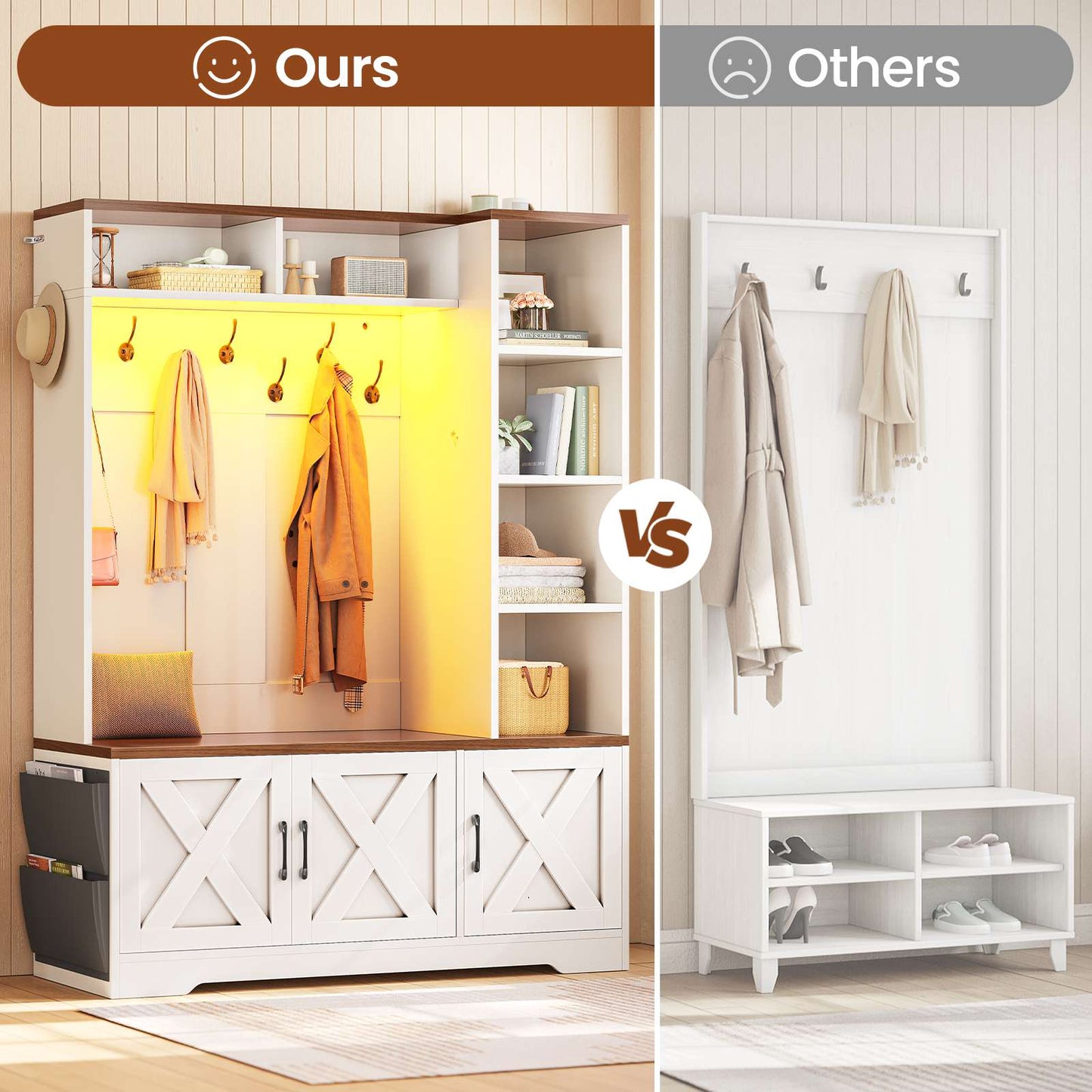 Itaar | Hall Tree with Bench and Shoe Storage Farmhouse Entryway Bench with Coat Rack 6 Storage Cubbies 10 Coat Hooks Led Lights