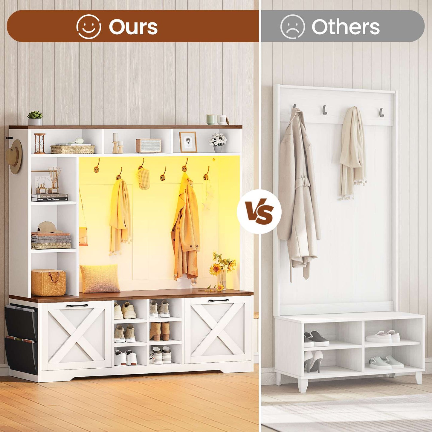 Itaar | Hall Tree with Bench and Shoe Storage 59.1 Inch Farmhouse Entryway Bench 12 Shelves 9 Coat Hooks Storage Bag Led Lights