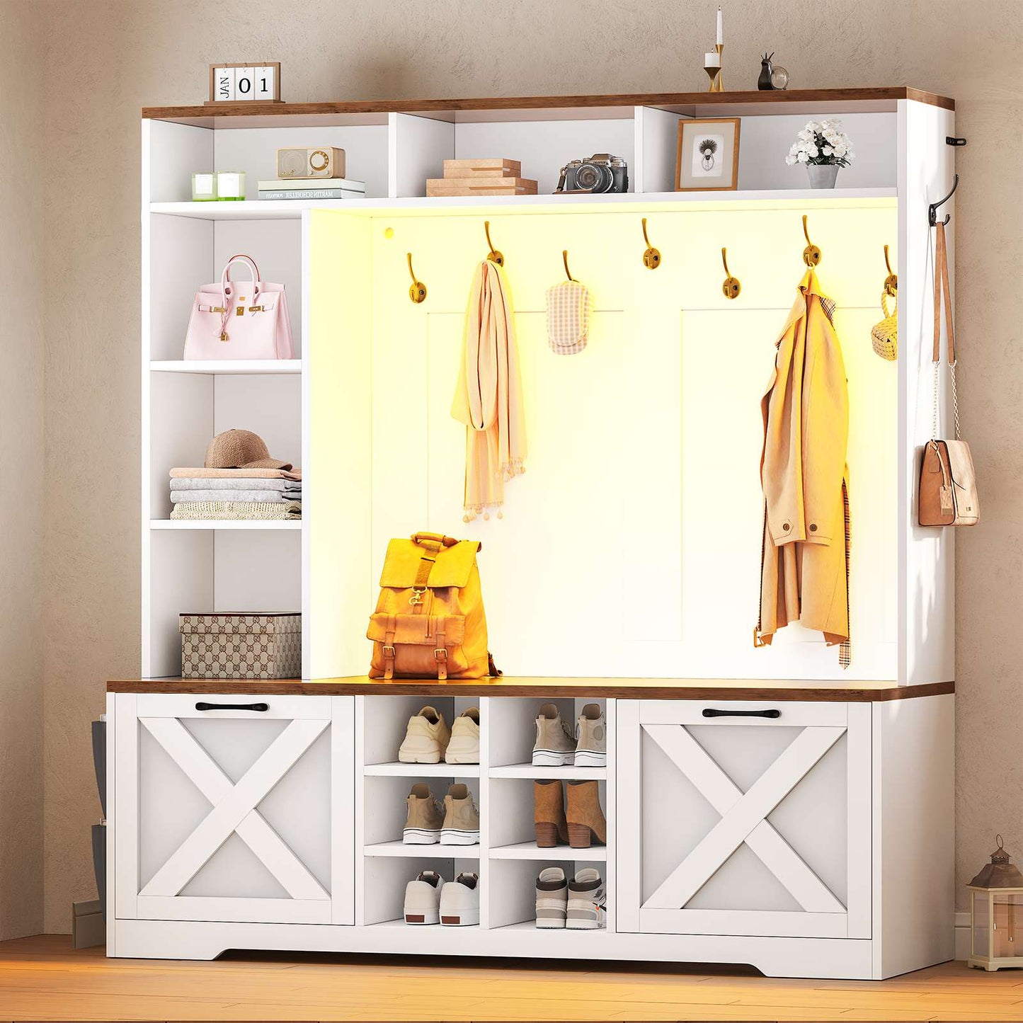 Itaar | Hall Tree with Bench and Shoe Storage 59.1 Inch Farmhouse Entryway Bench 12 Shelves 9 Coat Hooks Storage Bag Led Lights