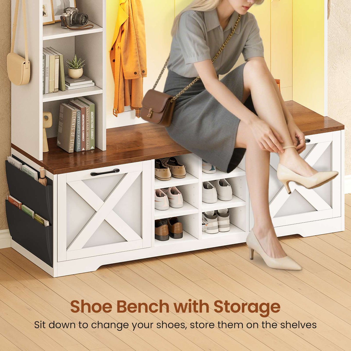 Itaar | Hall Tree with Bench and Shoe Storage 59.1 Inch Farmhouse Entryway Bench 12 Shelves 9 Coat Hooks Storage Bag Led Lights