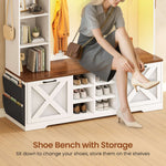 Itaar | Hall Tree with Bench and Shoe Storage 59.1 Inch Farmhouse Entryway Bench 12 Shelves 9 Coat Hooks Storage Bag Led Lights