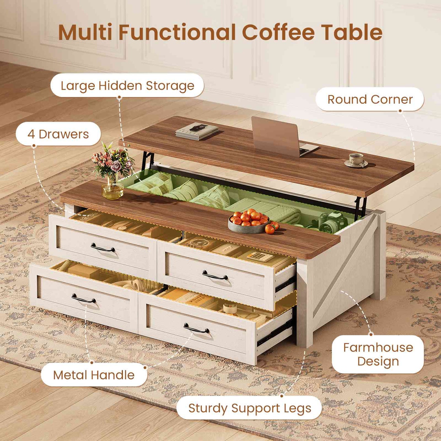 Itaar | 47.2 Inch Lift Top Coffee Table with Storage Farmhouse Coffee Tables for Living Room with 4 Wood Drawers