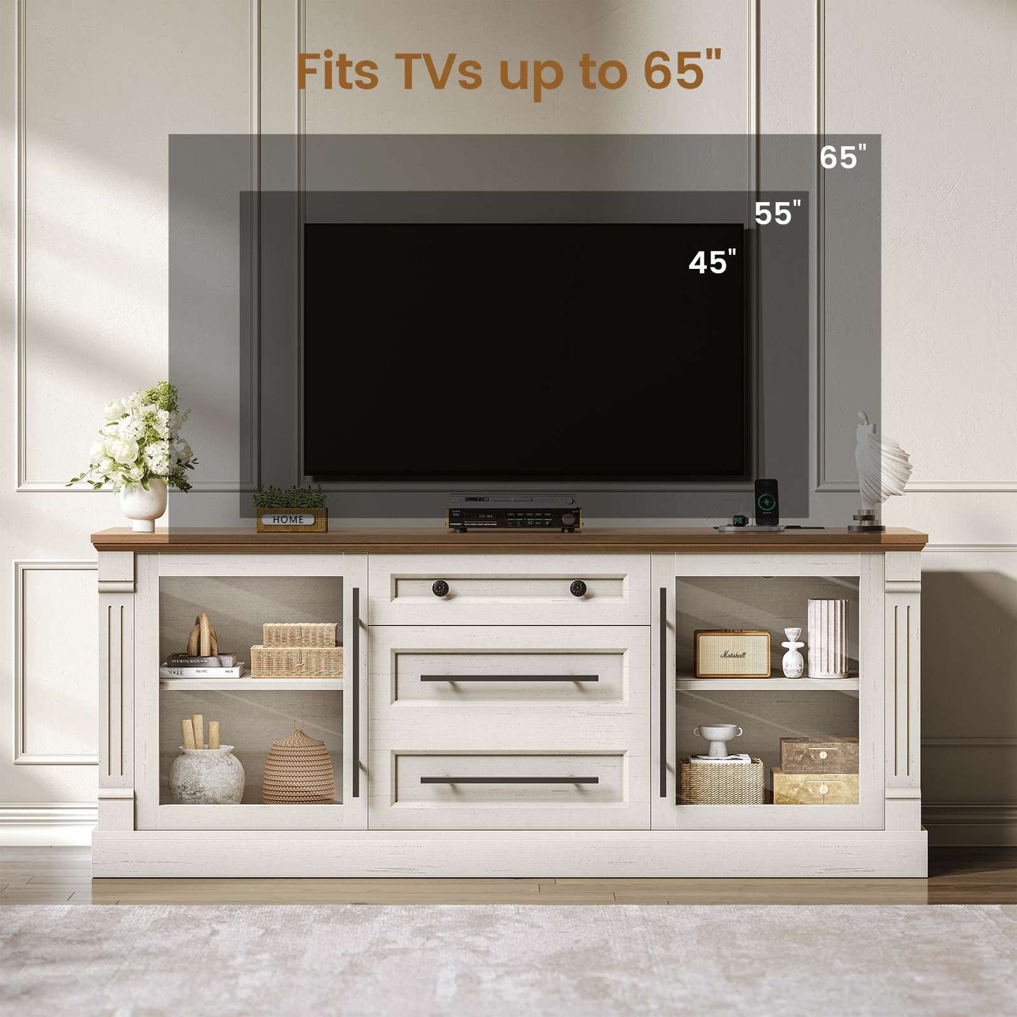 Itaar | Farmhouse TV Stands for 65 Inch TV 3 Storage Cabinets 1 Drawer Living Room Bedroom Wood Media Console