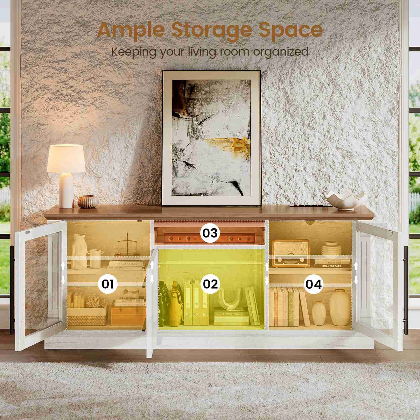Itaar | Farmhouse TV Stands for 65 Inch TV 3 Storage Cabinets 1 Drawer Living Room Bedroom Wood Media Console
