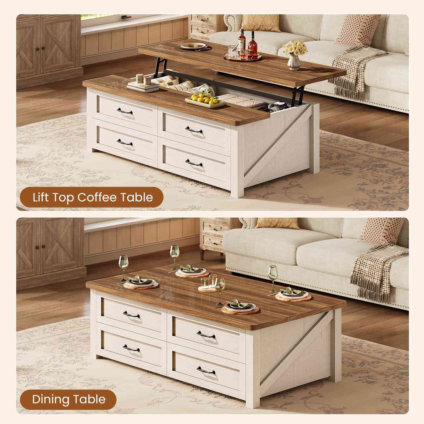 Itaar | 47.2 Inch Lift Top Coffee Table with Storage Farmhouse Coffee Tables for Living Room with 4 Wood Drawers