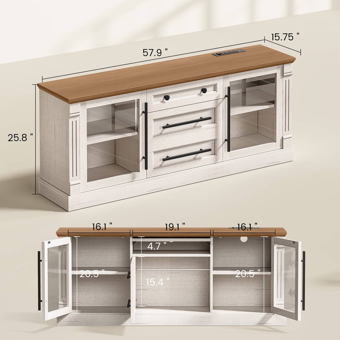 Itaar | Farmhouse TV Stands for 65 Inch TV 3 Storage Cabinets 1 Drawer Living Room Bedroom Wood Media Console