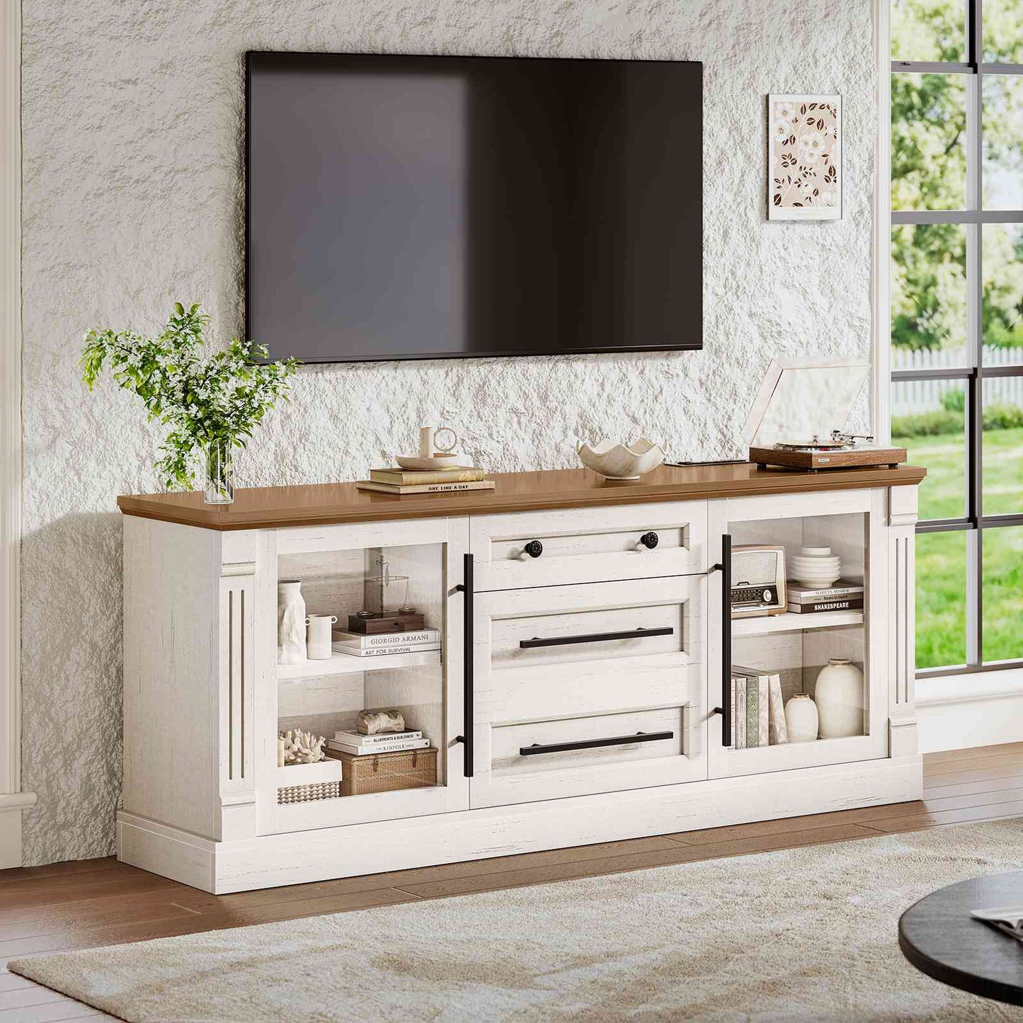 Itaar | Farmhouse TV Stands for 65 Inch TV 3 Storage Cabinets 1 Drawer Living Room Bedroom Wood Media Console