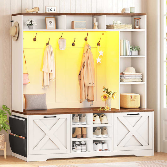 Itaar | Hall Tree with Bench and Shoe Storage 59.1 Inch Farmhouse Entryway Bench 12 Shelves 9 Coat Hooks Storage Bag Led Lights