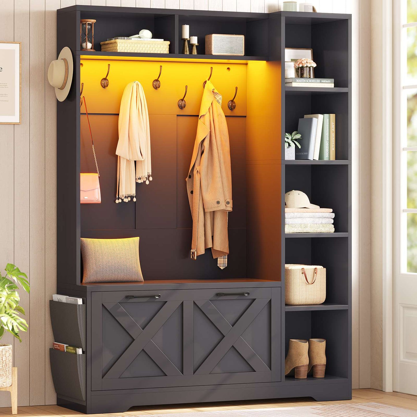 Itaar | Hall Tree with Bench and Shoe Storage Farmhouse Entryway Bench with Coat Rack Shoe Cabinet with Flip Drawers 7 Shelves 10 Coat Hooks Led Lights
