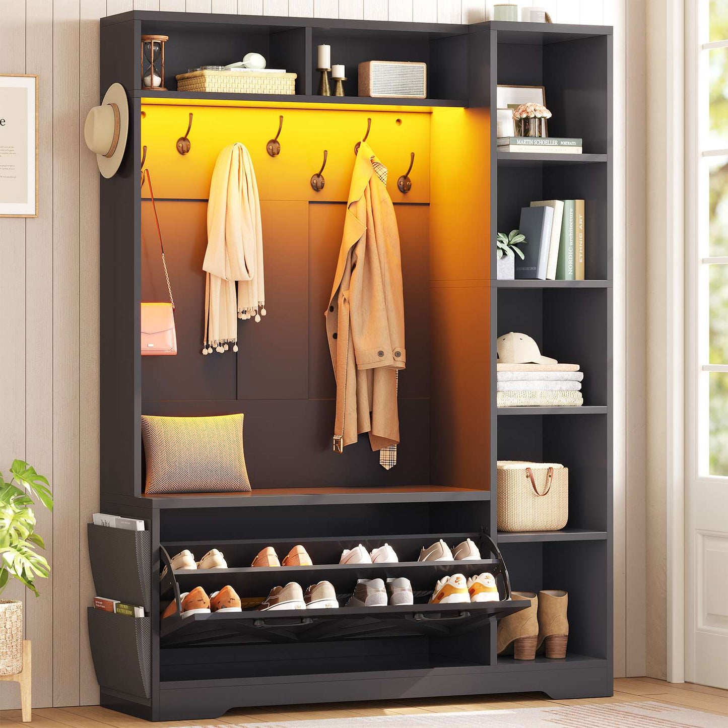 Itaar | Hall Tree with Bench and Shoe Storage Farmhouse Entryway Bench with Coat Rack Shoe Cabinet with Flip Drawers 7 Shelves 10 Coat Hooks Led Lights