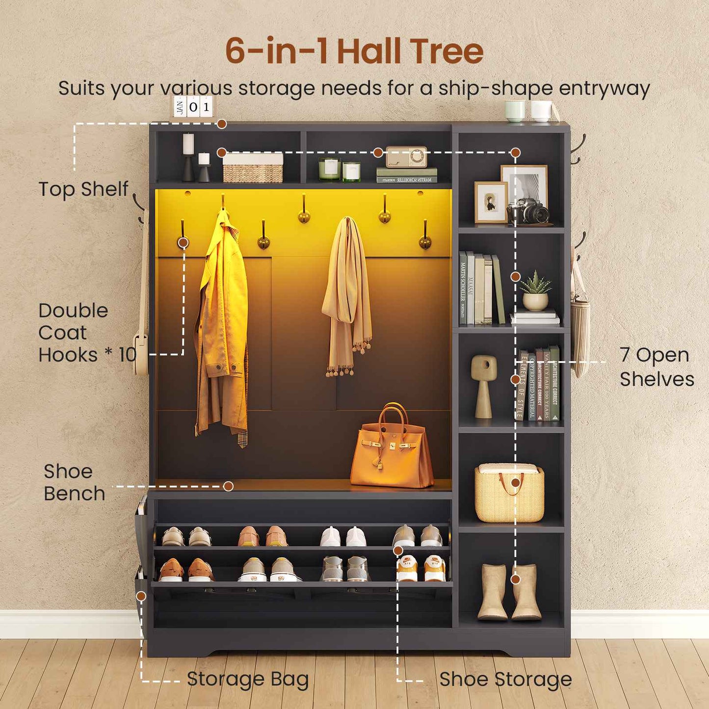 Itaar | Hall Tree with Bench and Shoe Storage Farmhouse Entryway Bench with Coat Rack Shoe Cabinet with Flip Drawers 7 Shelves 10 Coat Hooks Led Lights