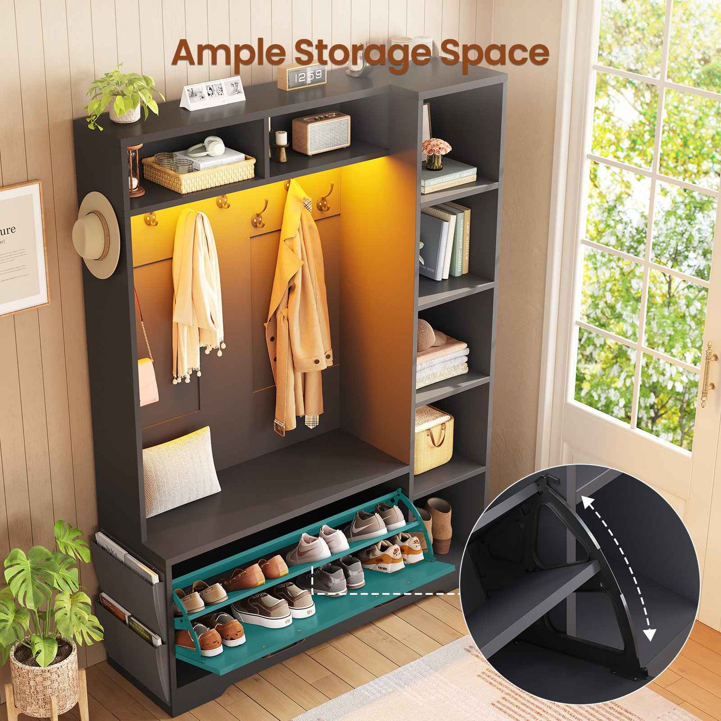 Itaar | Hall Tree with Bench and Shoe Storage Farmhouse Entryway Bench with Coat Rack Shoe Cabinet with Flip Drawers 7 Shelves 10 Coat Hooks Led Lights