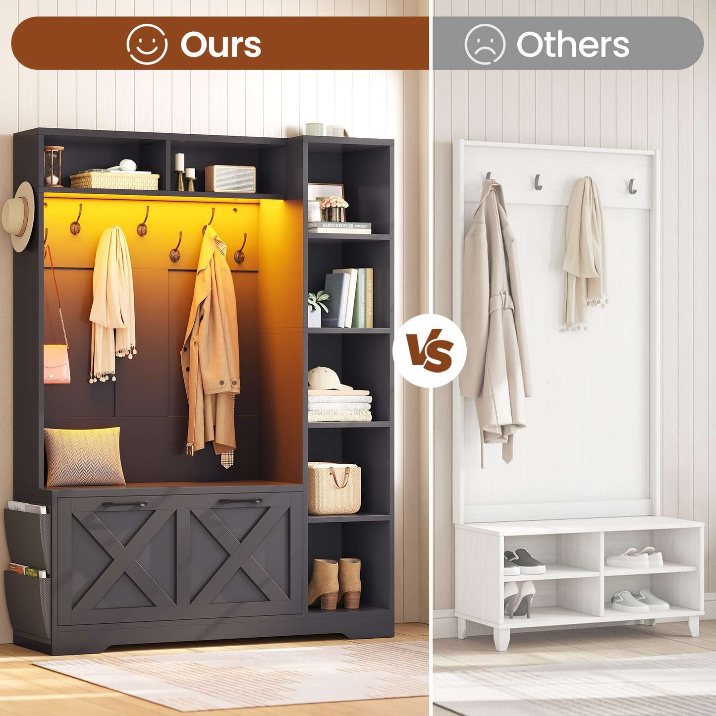 Itaar | Hall Tree with Bench and Shoe Storage Farmhouse Entryway Bench with Coat Rack Shoe Cabinet with Flip Drawers 7 Shelves 10 Coat Hooks Led Lights