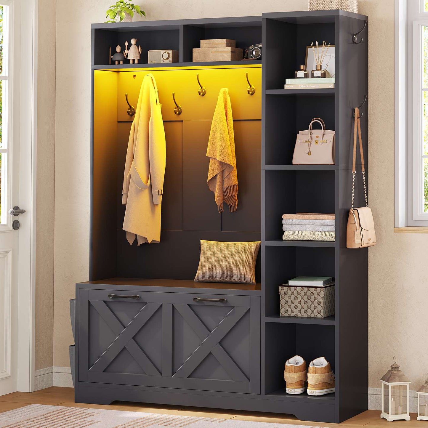 Itaar | Hall Tree with Bench and Shoe Storage Farmhouse Entryway Bench with Coat Rack Shoe Cabinet with Flip Drawers 7 Shelves 10 Coat Hooks Led Lights