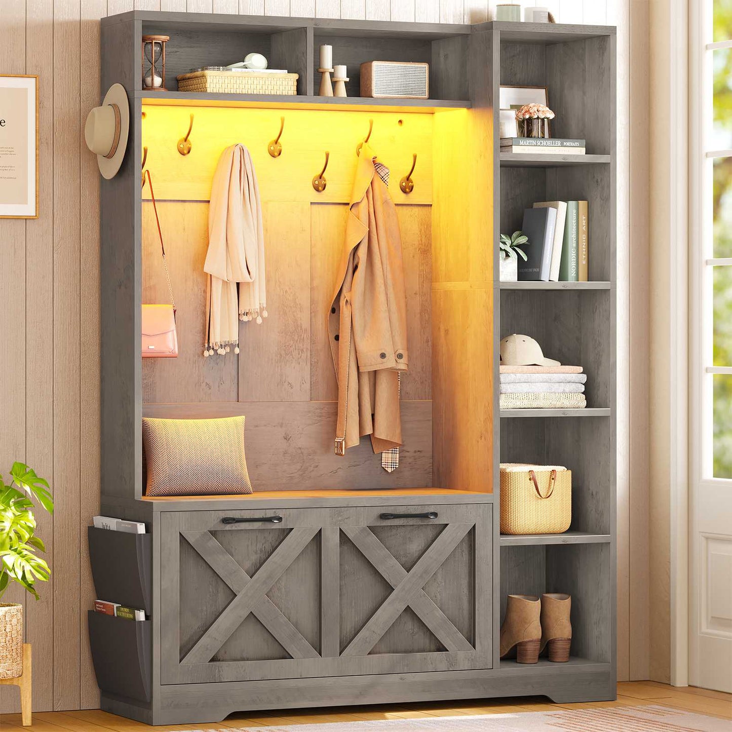 Itaar | Hall Tree with Bench and Shoe Storage Farmhouse Entryway Bench with Coat Rack Shoe Cabinet with Flip Drawers 7 Shelves 10 Coat Hooks Led Lights